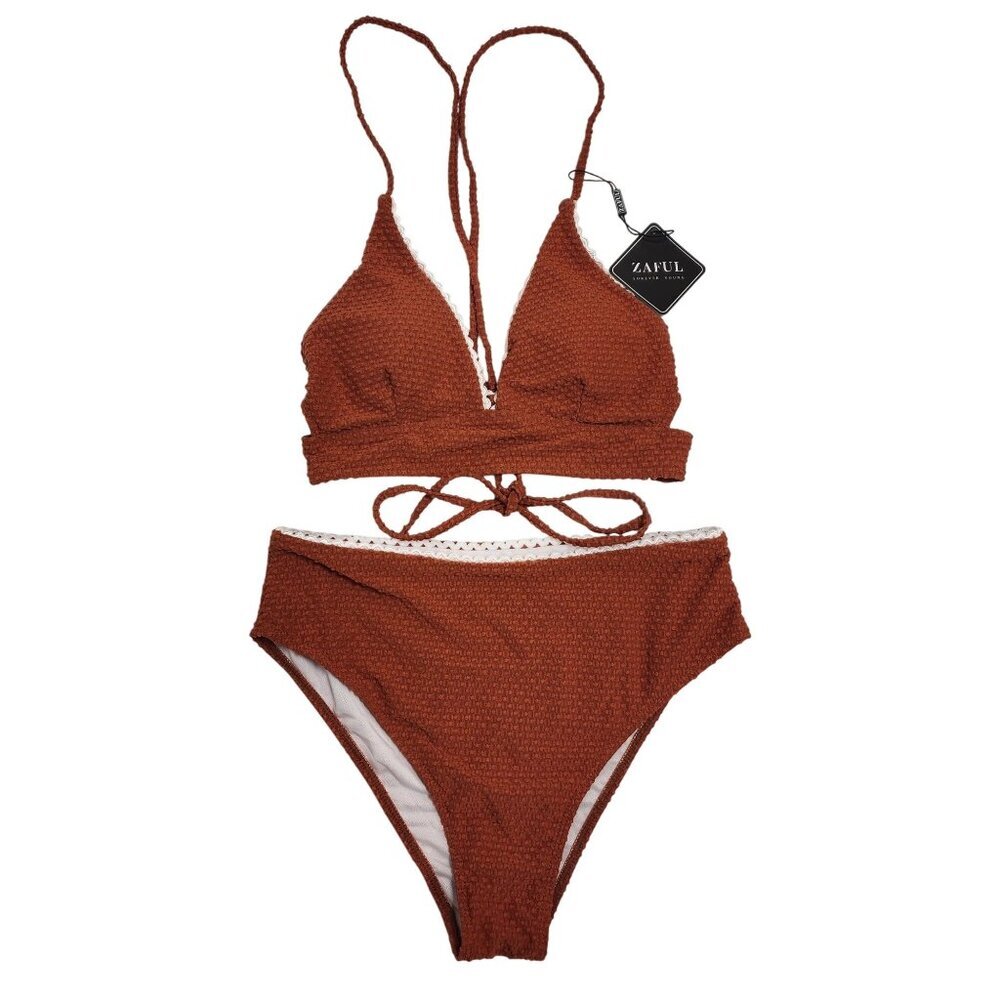 Zaful Rust Textured Bikini Set Lace Trim High-Waisted Bottoms Tie-Back Top Size